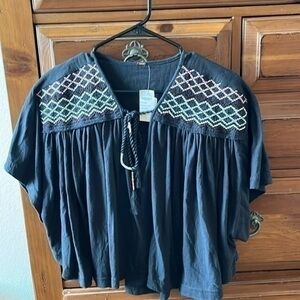 Free People NWT Blue Embroidered Blouse Size Small